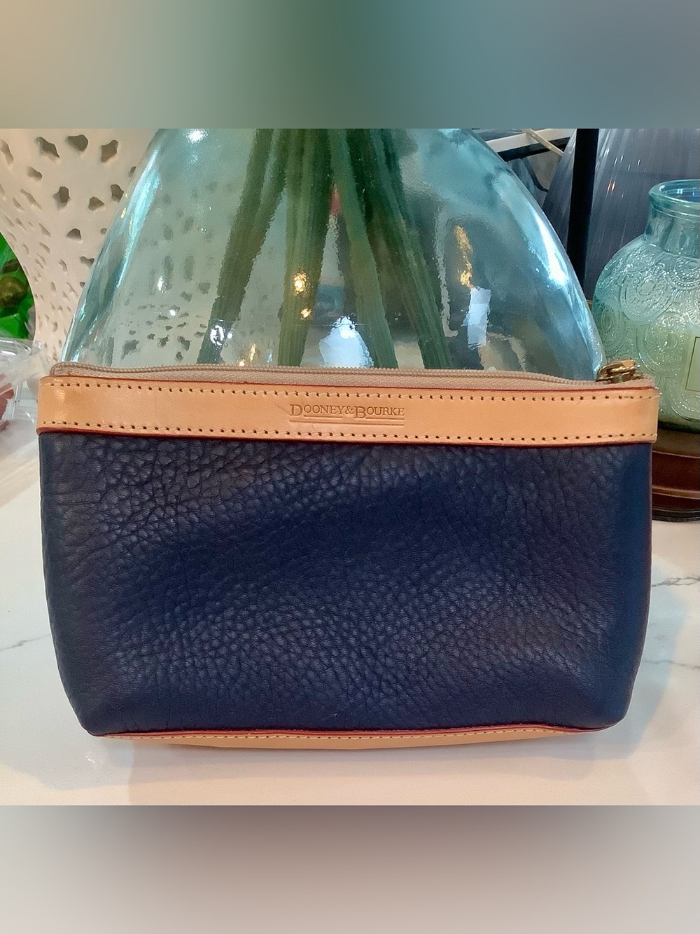 Dooney & Bourke Vintage  Navy Pebbled Leather Toiletry Bag with Tan Trim